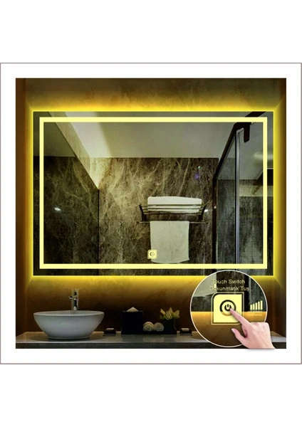 60X80 cm Beyaz Ledli Tasarım Kumlamalı Dokunmatik Tuşlu Banyo Aynası Makyaj Aynası Işıklı Ayna